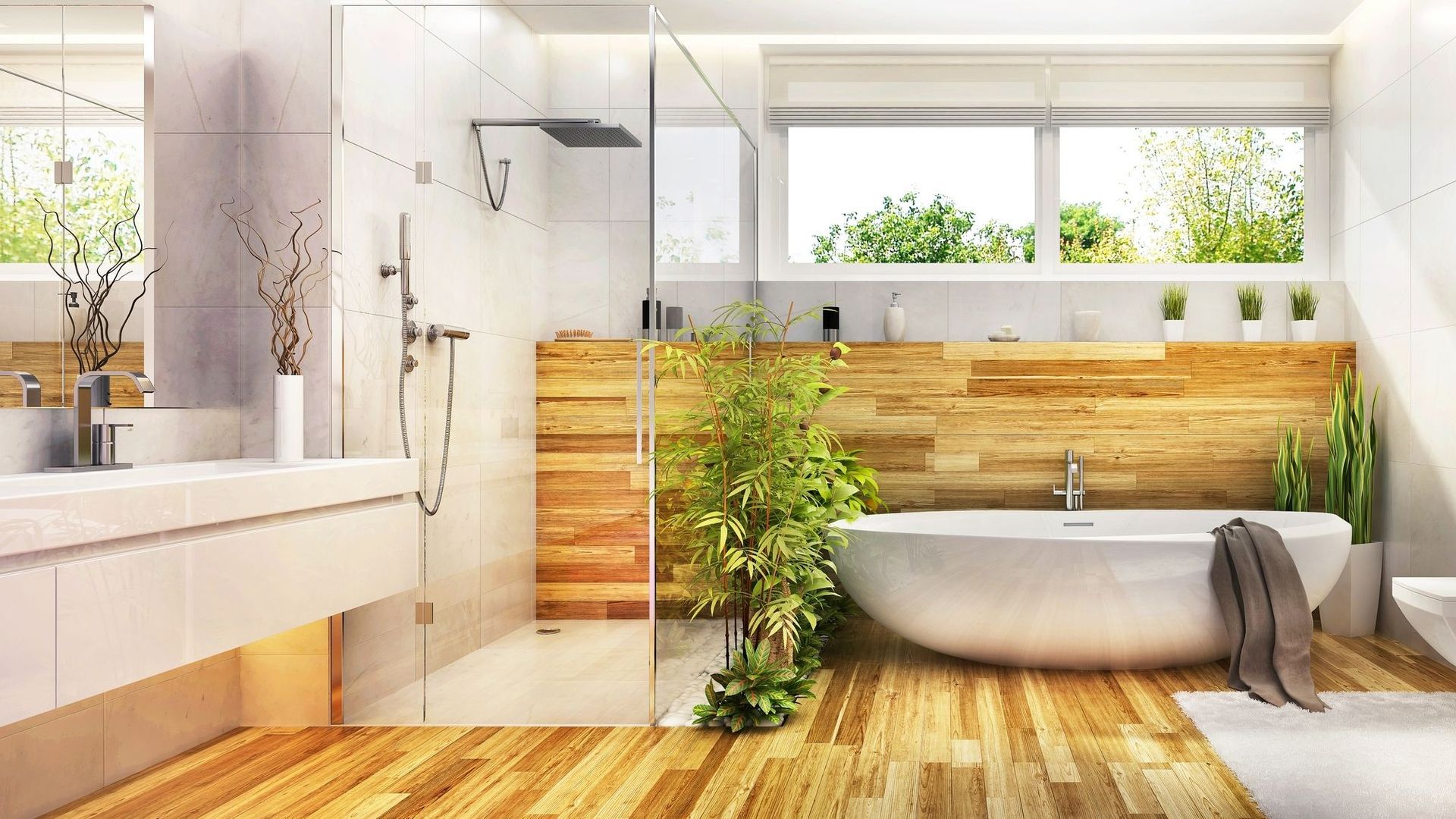 salle de bain épurée avec plantes et bougies suivant principes feng shui pour éviter erreurs décoratives