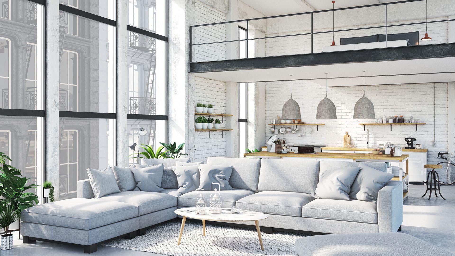 Idees deco salon minimaliste epure avec canape gris coussins blancs petite table bois plante verte
