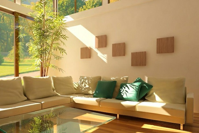espace salon zen avec decor en bois et plantes vertes suivant principes Feng Shui