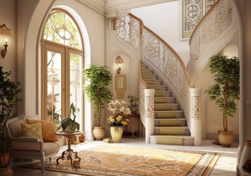Entrée de maison avec décoration Feng Shui incluant plante verte