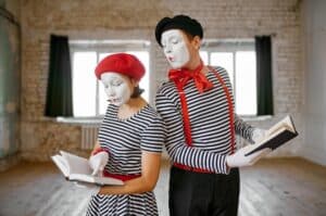 Mime artists, scene with books, student parody comedy